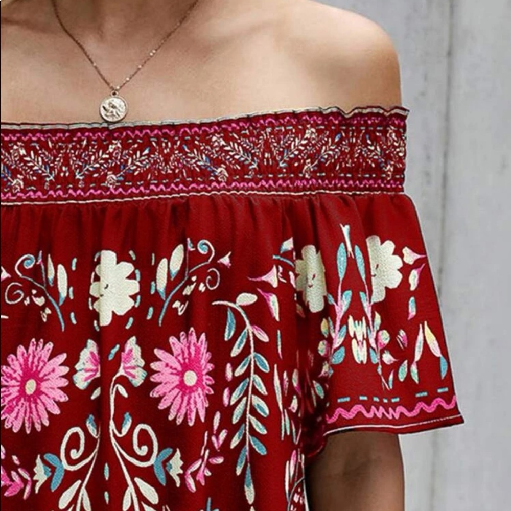 Boho floral print off shoulder blouse Red - Picture 5 of 10